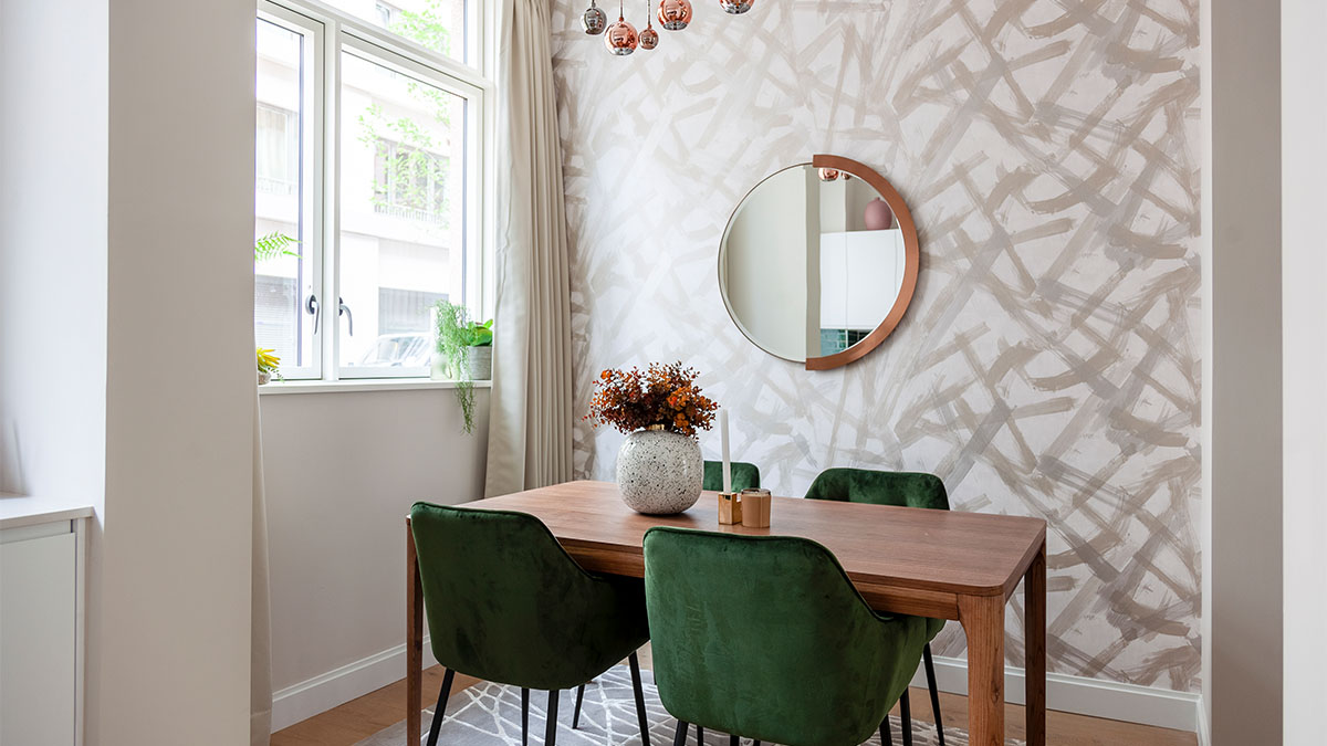 flower vase on dining table with chairs, wall decor with mirror of Carpet Street