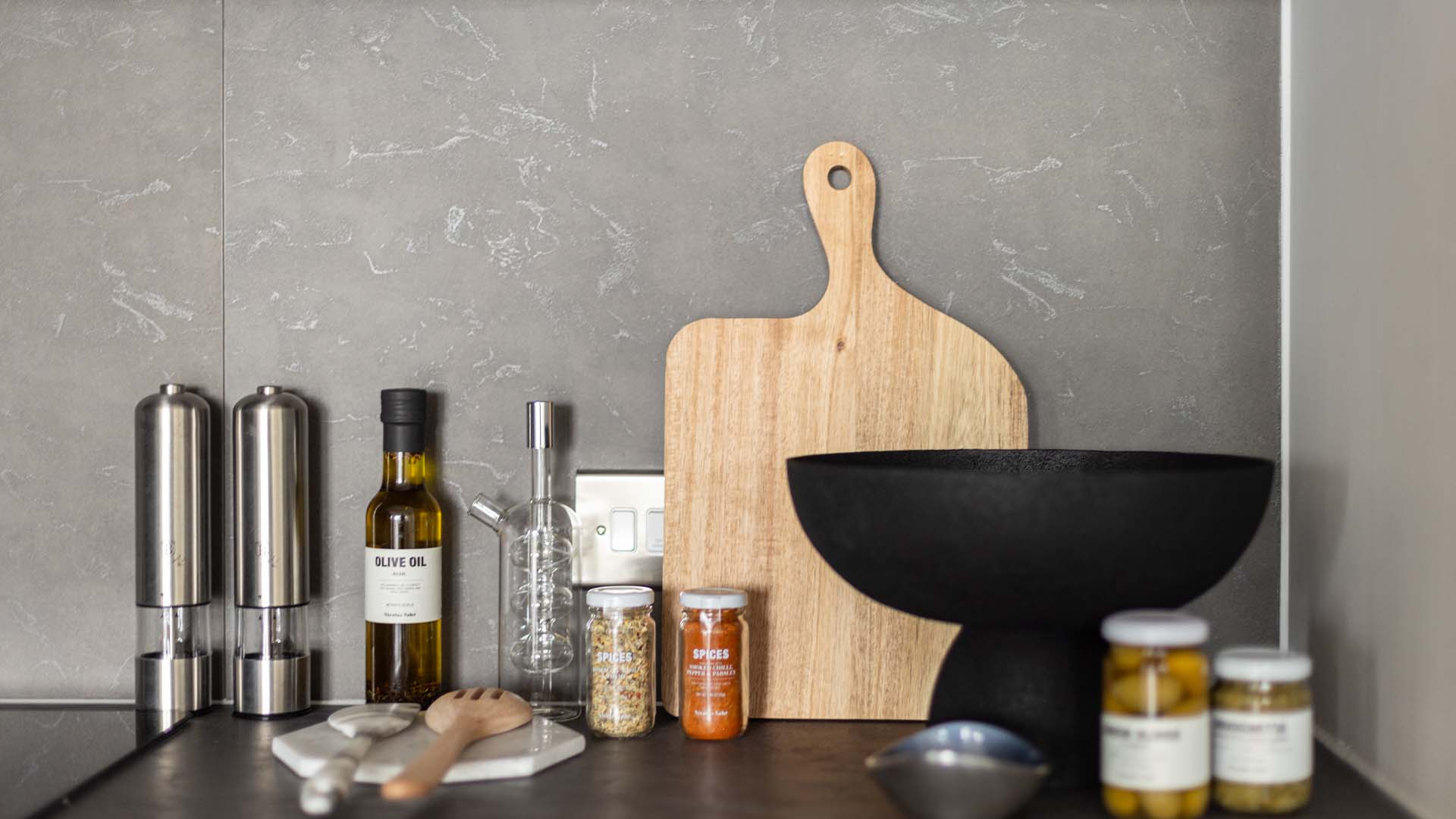 kitchen countertop with stainless steel salt and pepper grinders of Coronation Square-01