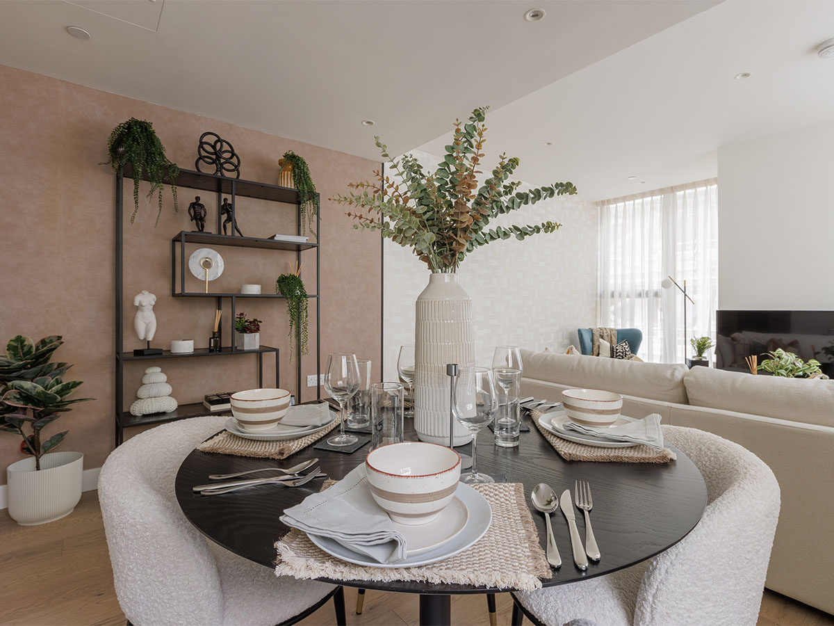 Dining area and modern shelf with art pieces Harcourt Gardens