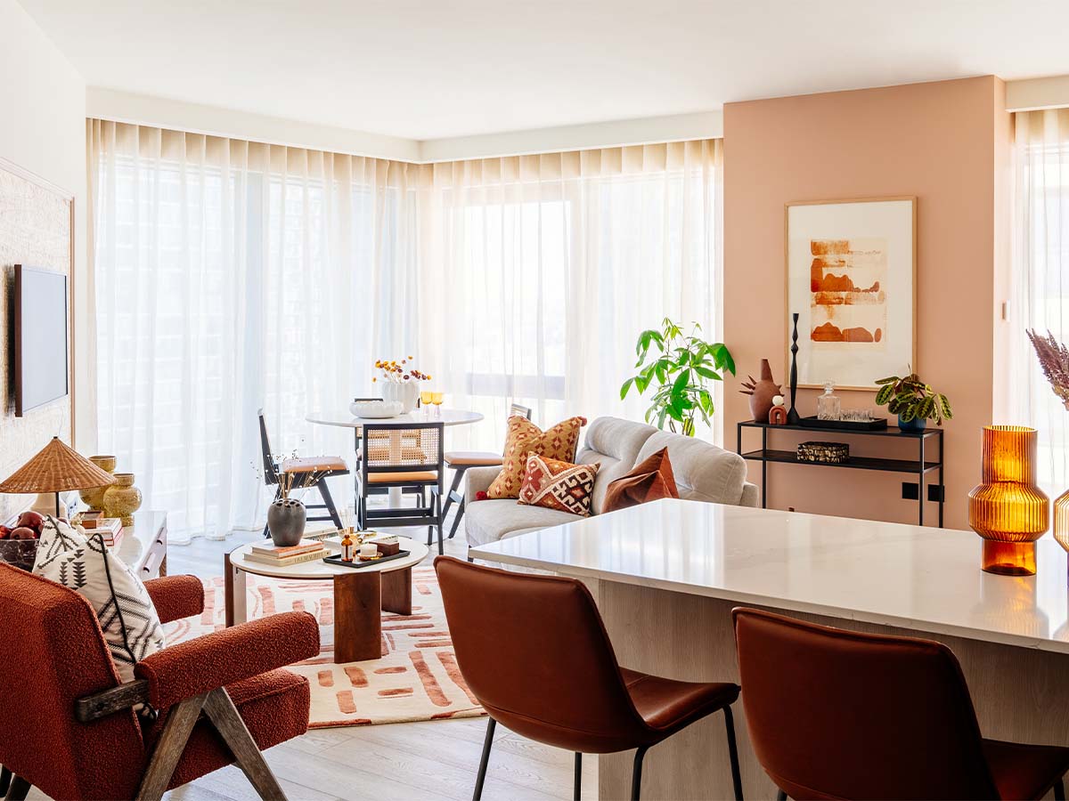 Modern Apartment with Dining table and open shelves and white curtains-Aspen