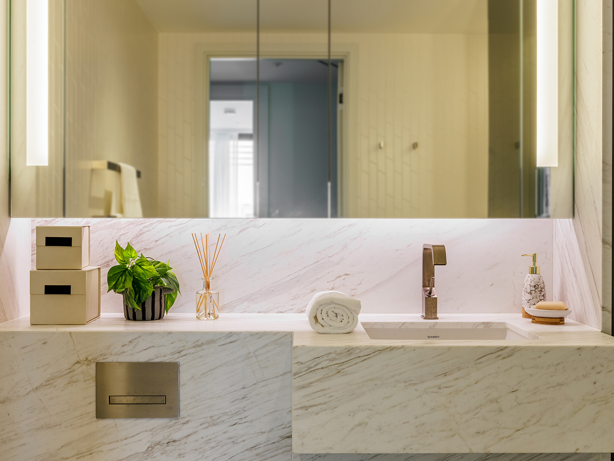 Modern bathroom vanity with marble countertop