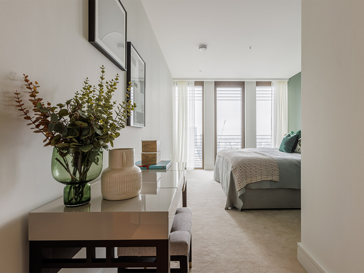 Modern bedroom with bed and side table