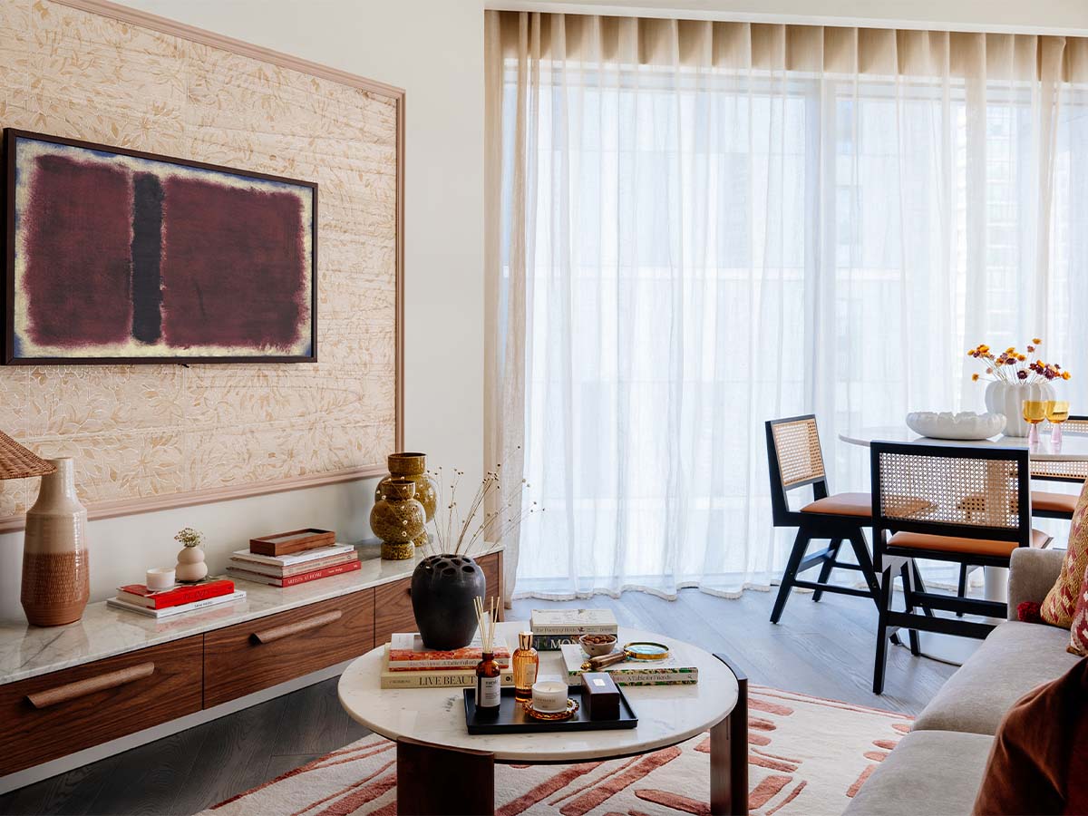 Modern living room with brown sofa and coffee table of Aspen