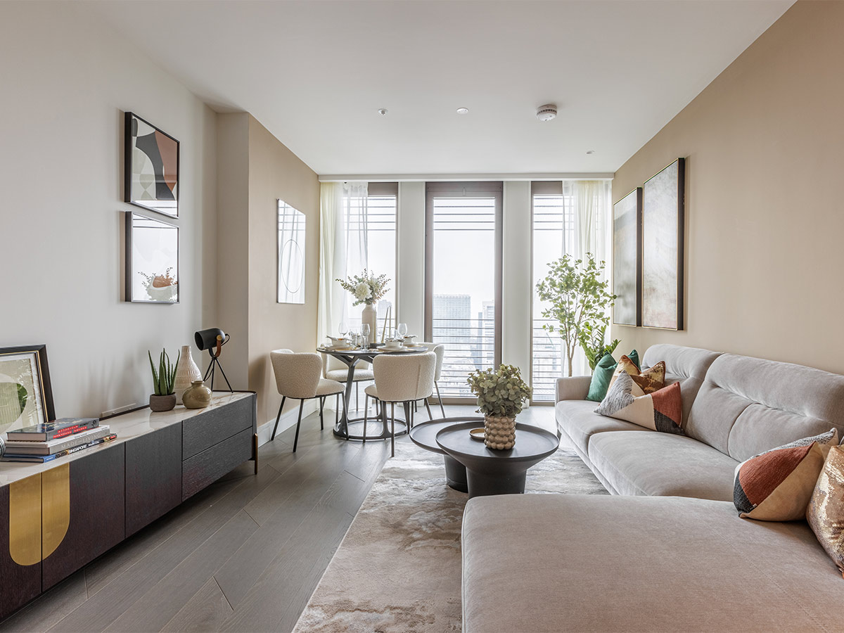 Modern living room with sofa and dining table