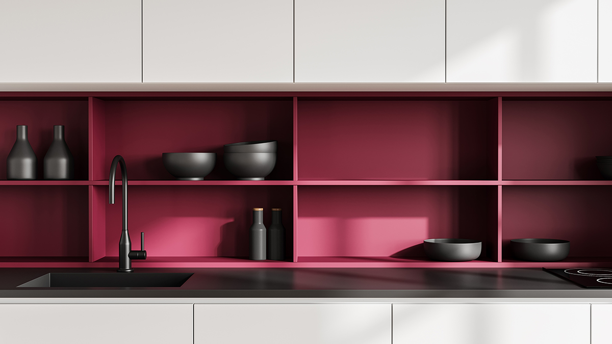 kitchen-interior-design-bold-magenta-shelving-and-black-countertop