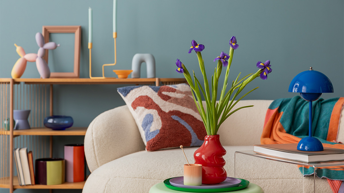 Colorful living room with modern furniture and artwork