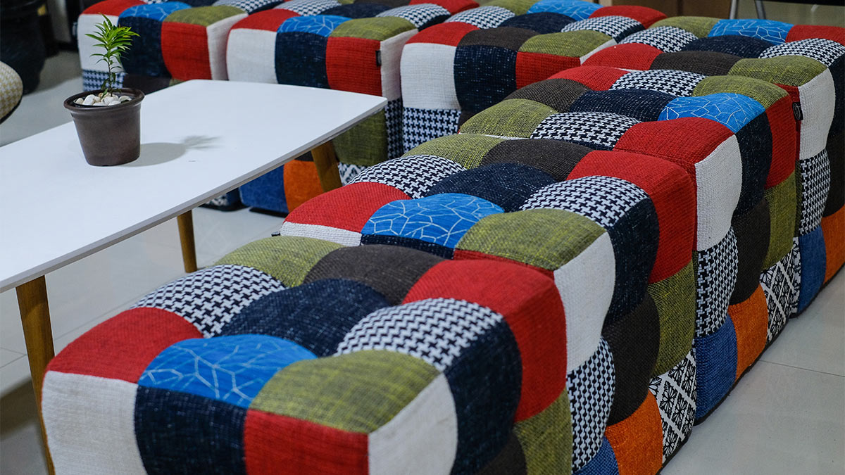 Colorful modular seating with patchwork design