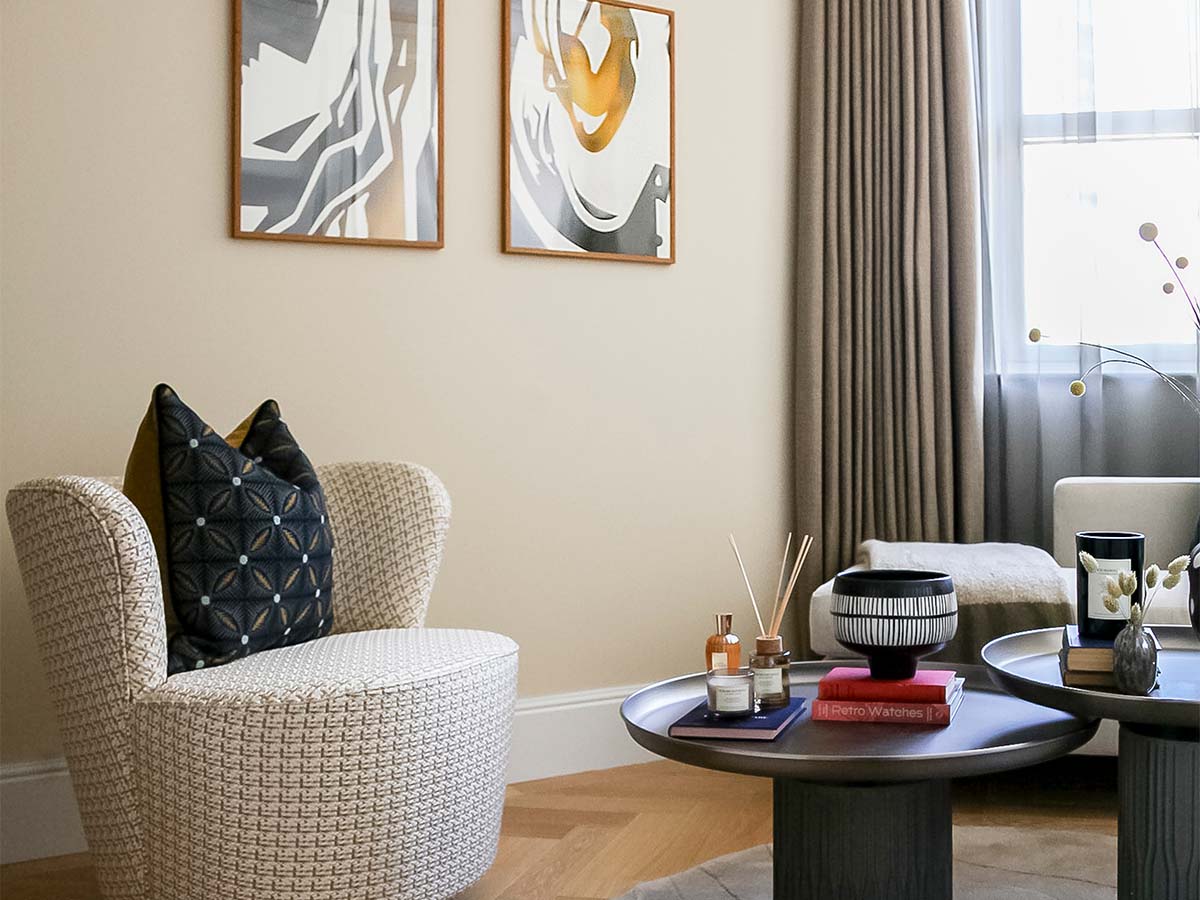 Cozy reading nook with armchair and coffee table