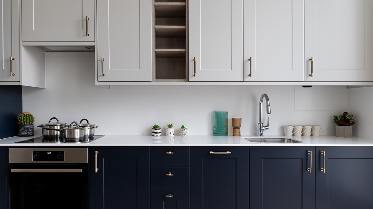 Luxury Kitchen with White and Blue Cabinets