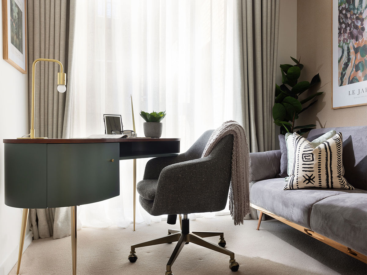 Modern home office with desk, chair, and sofa, Gallions Place-18