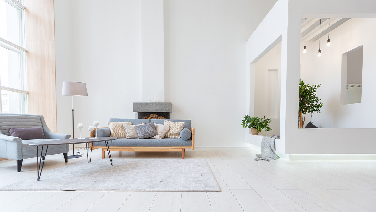 grey sofa with white wall theme